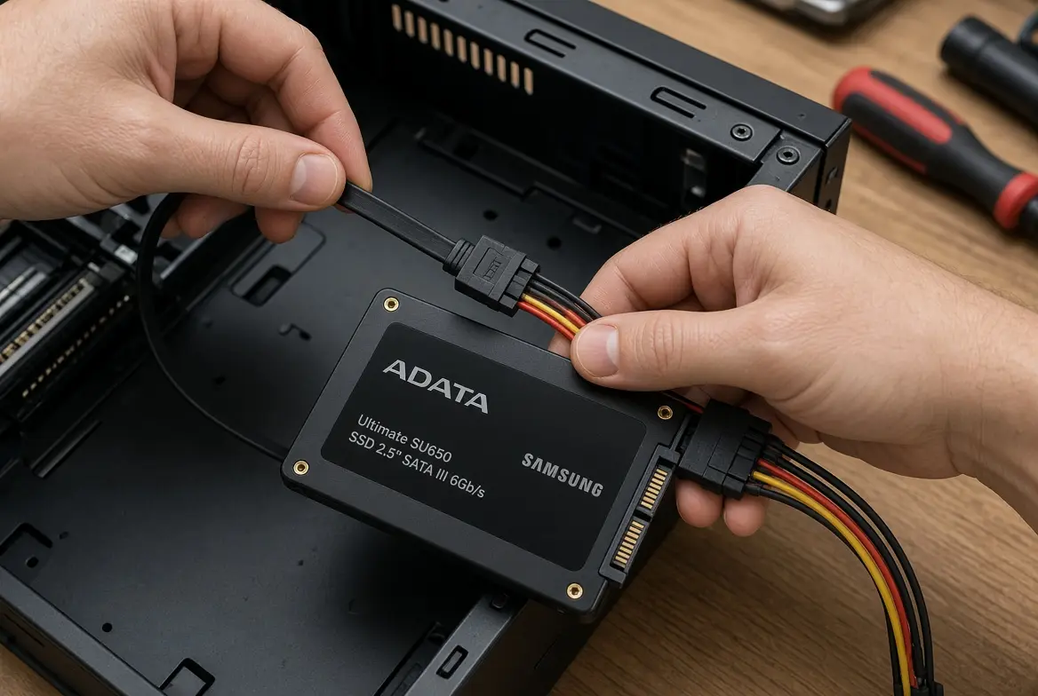 Conectando os cabos SATA de dados e energia no SSD