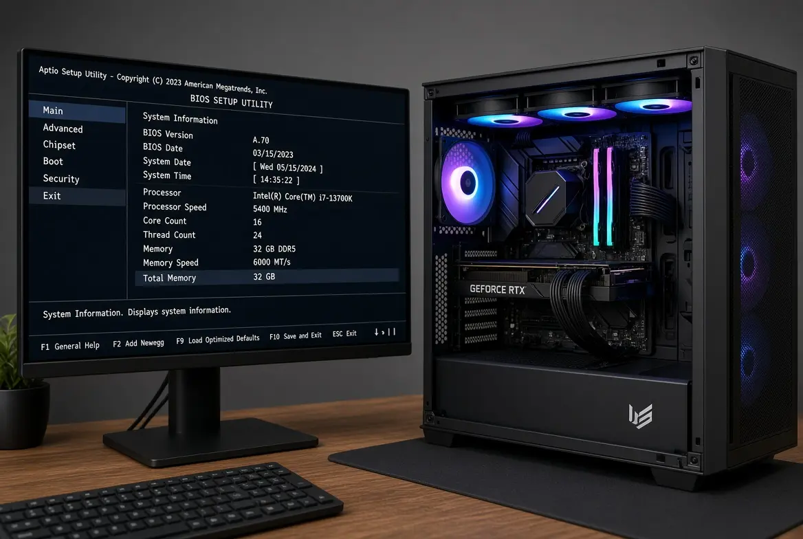 Computador montado e ligado na tela da BIOS